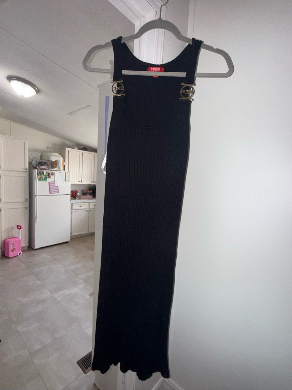 Guess Black Ribbed Asymmetrical Maxi Dress with Gold Buckle Straps